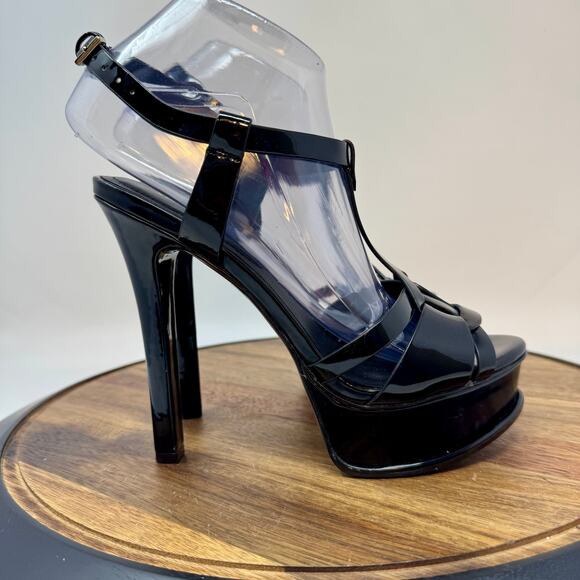 Aldo Chelly Shiny Faux Patent Black Strappy Platform Heels Women's 7.5 - Picture 1 of 11